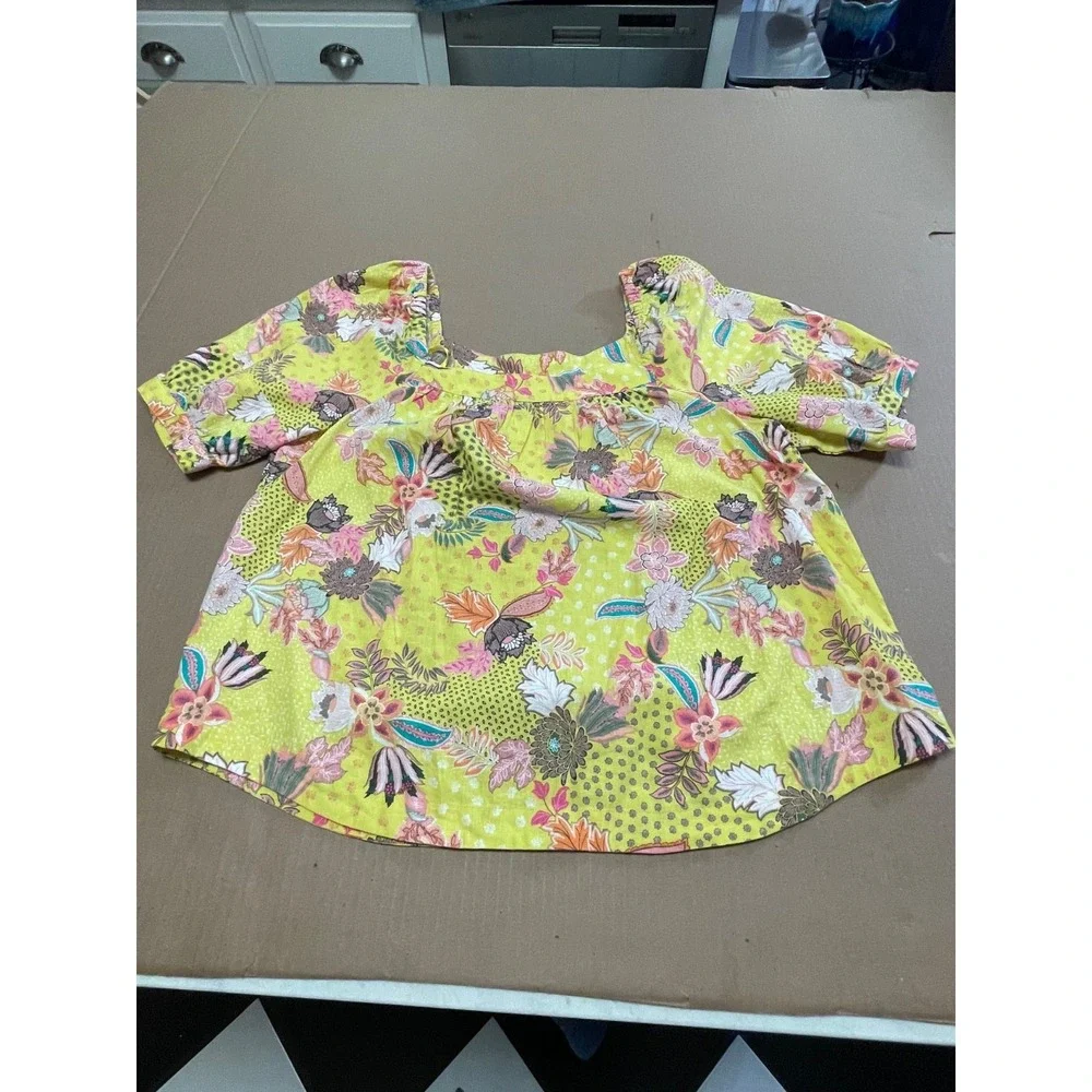 Loft Women's Medium‎ Top Yellow Floral Linen Blend Knit Square Neck Blouse